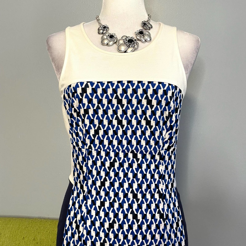 DKNYC Blue White Geometric Colorblock Sheath Dress 4 Work Cocktail - Picture 2 of 5